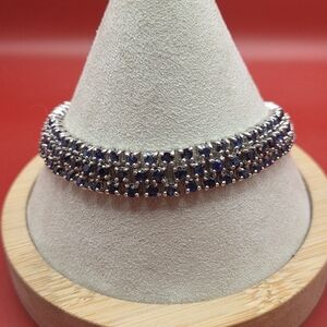 Blue Sapphire 3 Row Tennis Bracelet. 925 Silver. 8 Inches